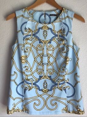 J. McLaughlin Equestrian Print Catalina Cloth Tank Top Light Blue Gold Chain XS